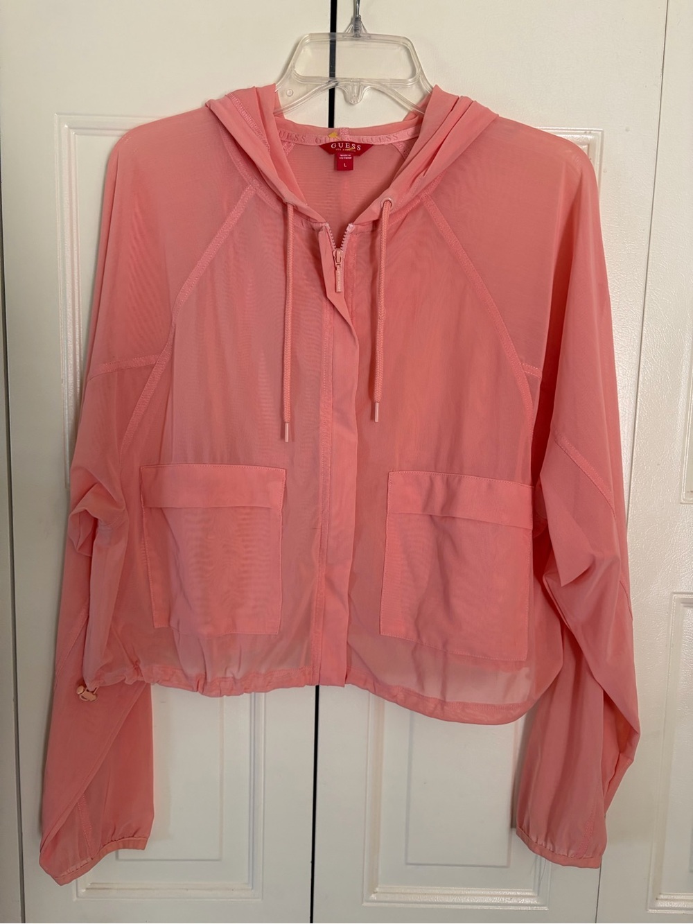 GUESS Hoodie Beachy Workout/Gym Coquette Cropped Sheer Vacation Layer Logo LARGE